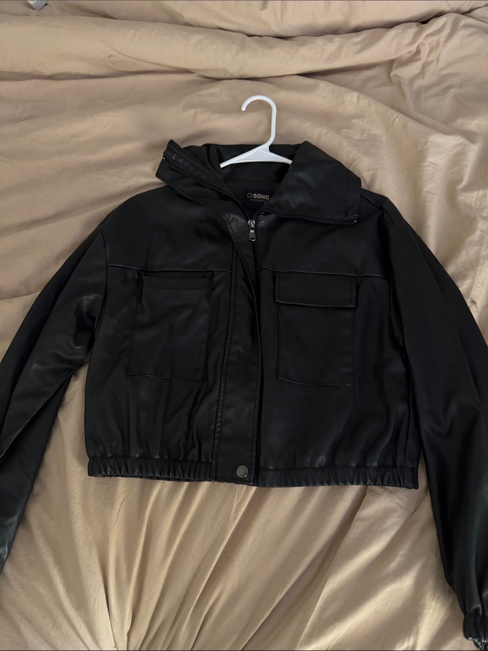 Black Faux Leather Bomber Jacket with Front Pockets